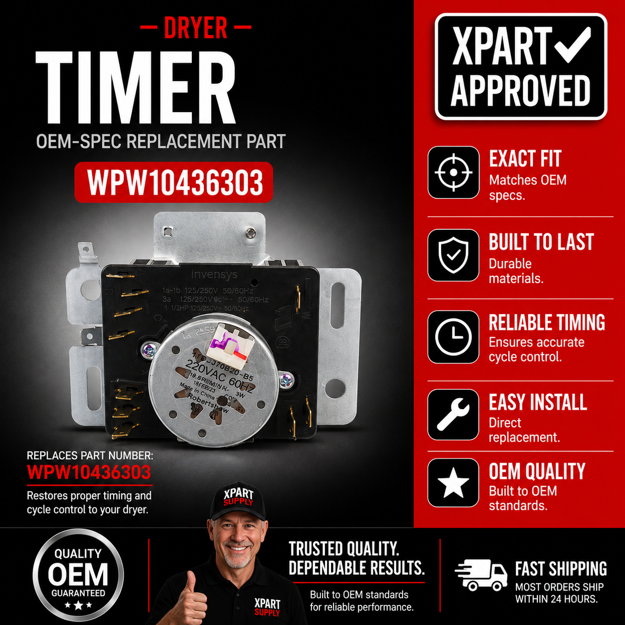 Whirlpool WPW10436303 Dryer Timer — Fixes No-Start / Stuck Cycle