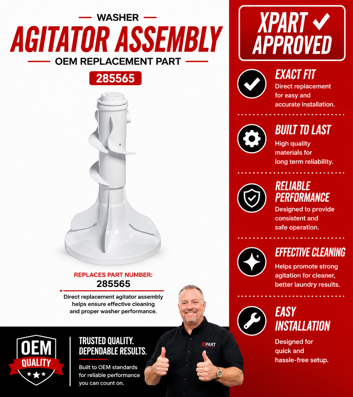 Whirlpool Washer Agitator Assembly 285565 — Restore Proper Wash Action and Agitation