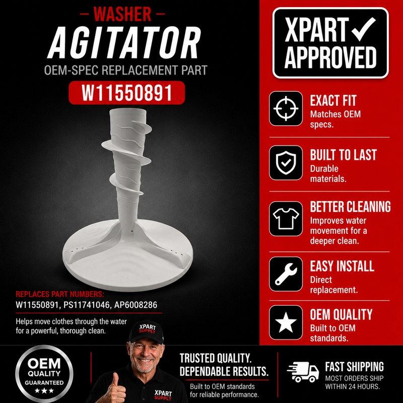 Whirlpool Agitator Assembly W11550891 — Fixes No-Agitation / Clothes Not Cleaning