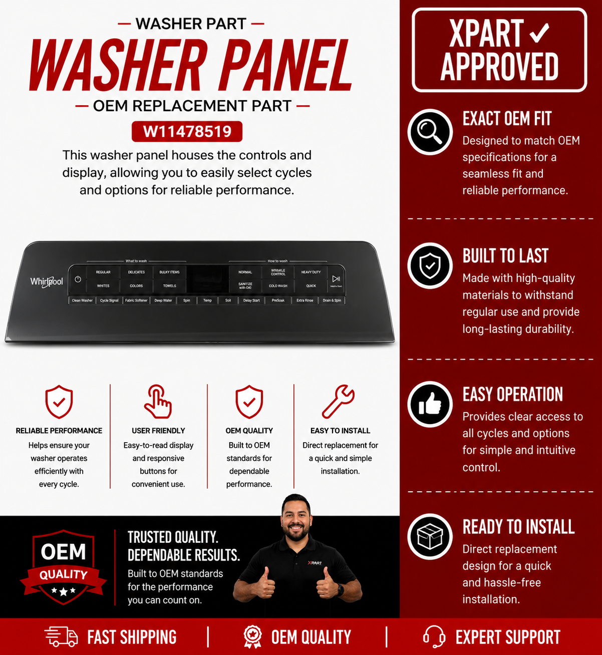 Whirlpool Washer Control Panel W11478519 — Fixes Unresponsive Controls on WTW5100 and WTW5105 Series