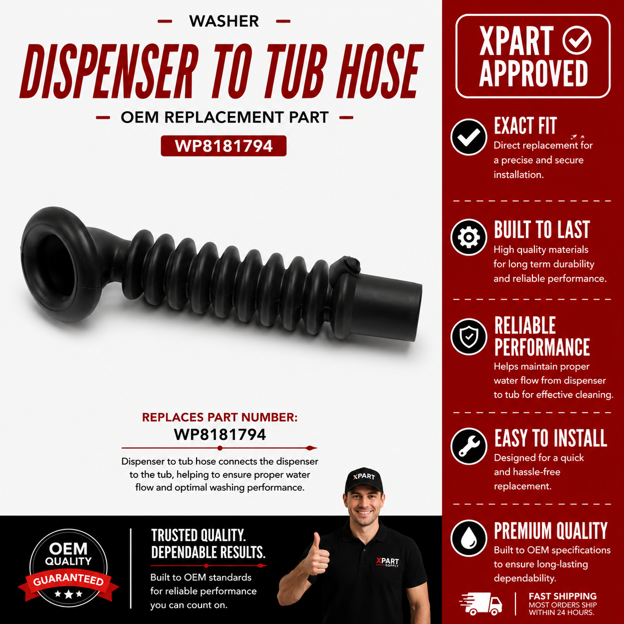 Whirlpool Washer Dispenser Hose WP8181794 — Fixes Detergent Not Dispensing / Dispenser Leaks
