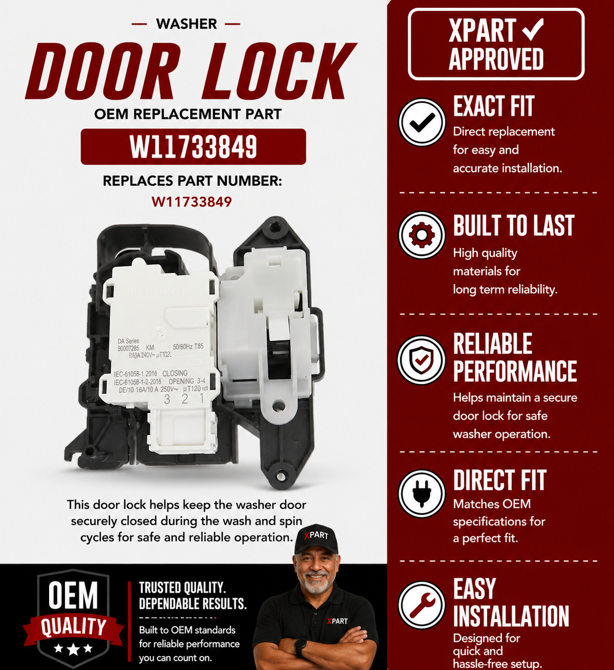 Whirlpool Washer Door Lock W11733849 — Fixes Door Won't Latch, Lock Error Codes & No-Start