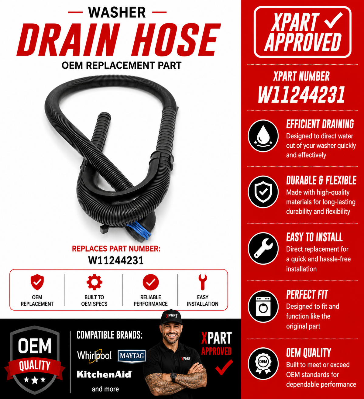 Washer drain hose with Xpart approval details on a white background