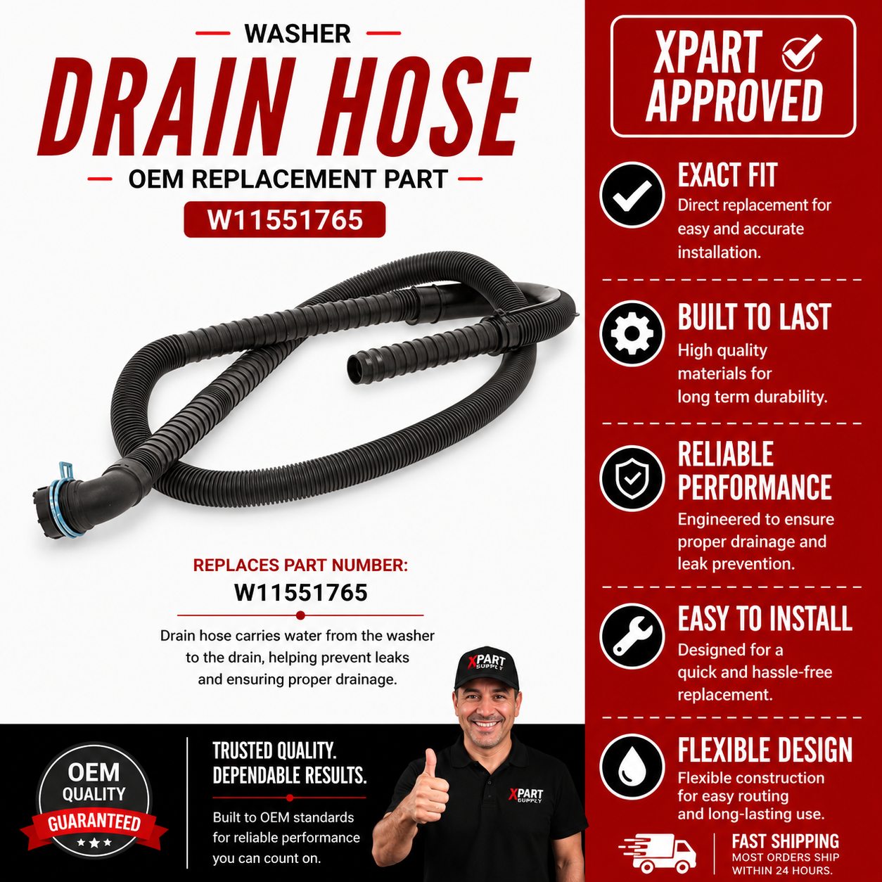 Whirlpool Washer Drain Hose W11551765 — Fixes Leaks & Drainage Failures