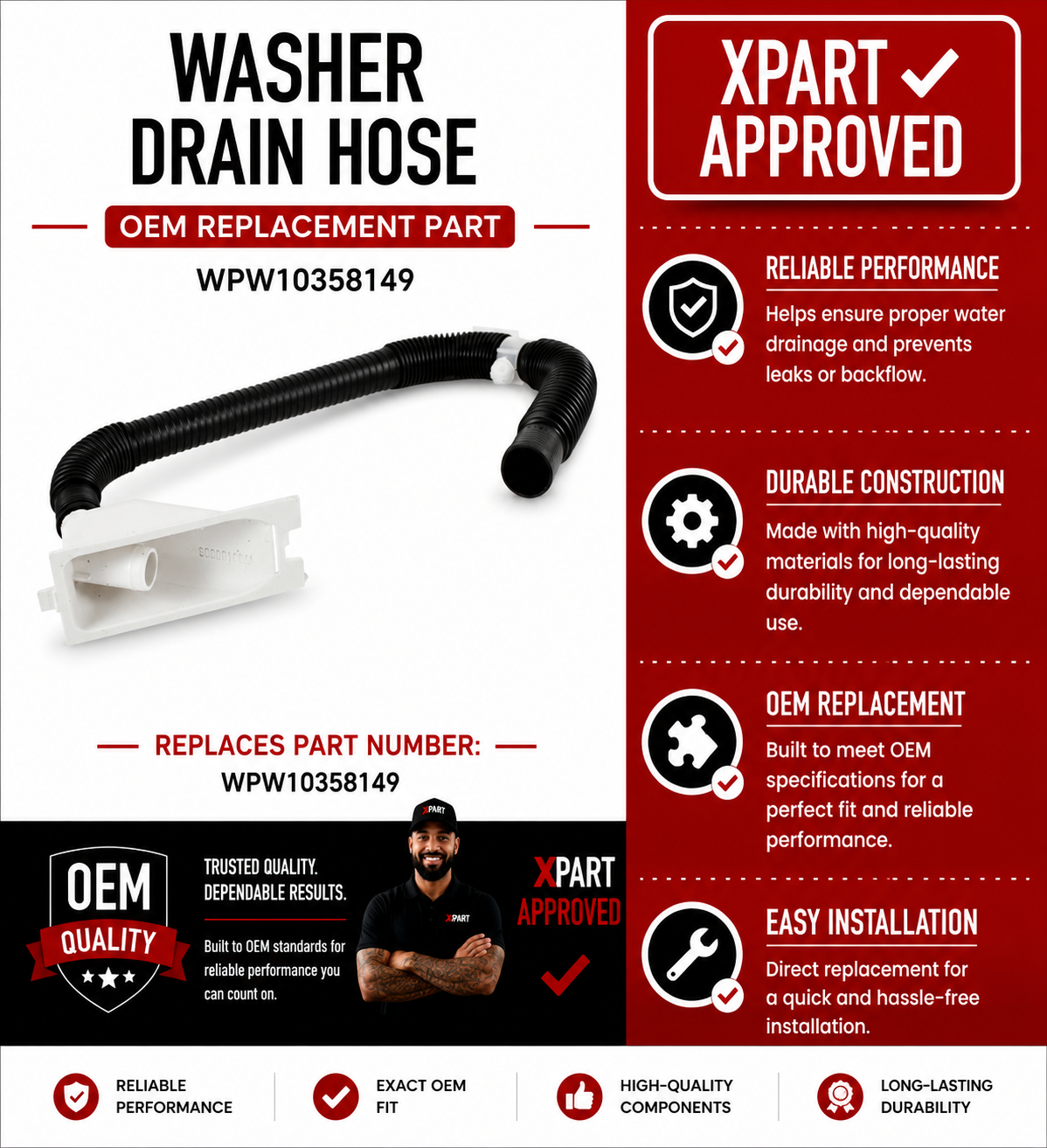 Whirlpool Washer Drain Hose WPW10358149 — Fix Washer Drainage & Stop Leaks