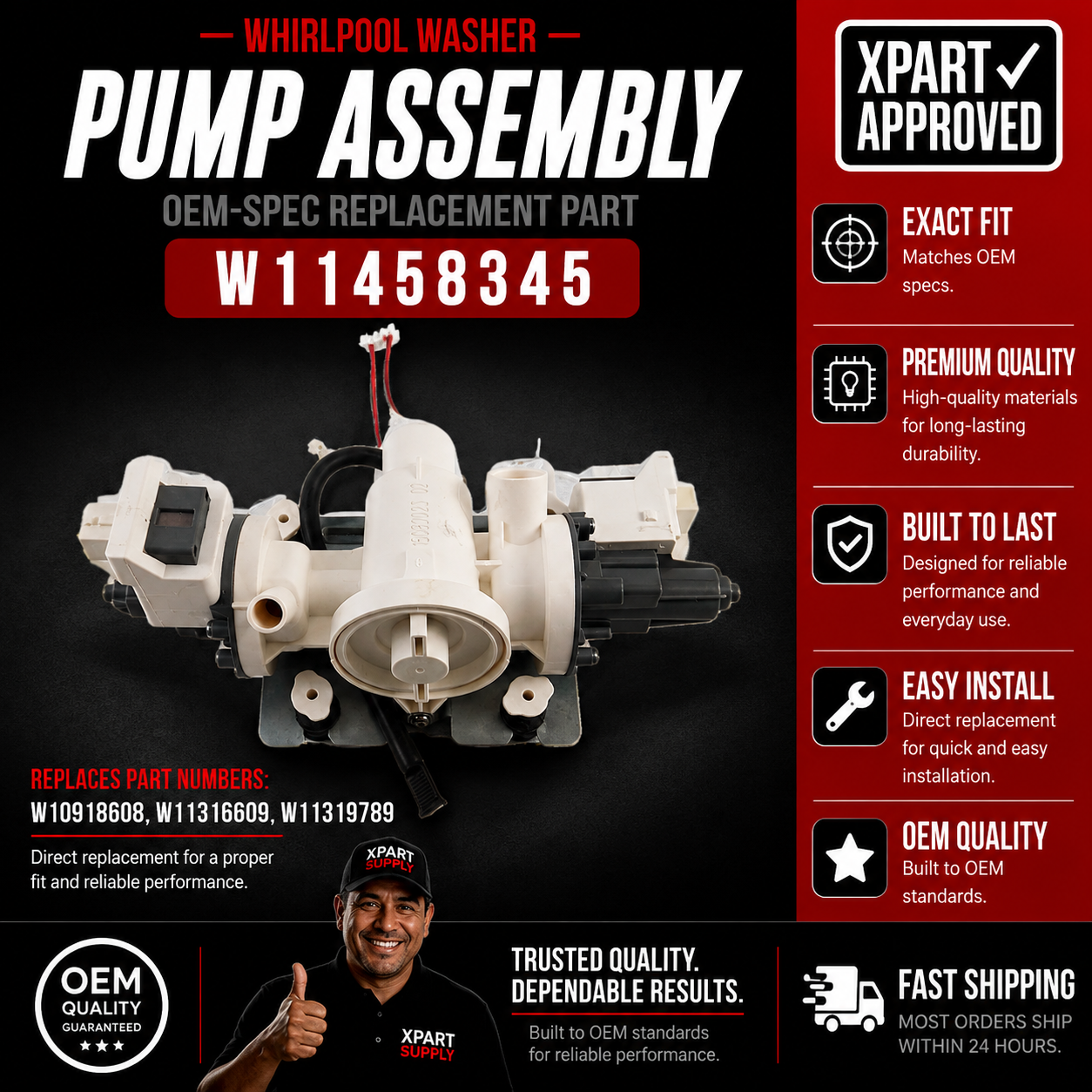 Whirlpool Washer Drain Pump Assembly W11458345, Replaces W10918608, W11316609, W11319789
