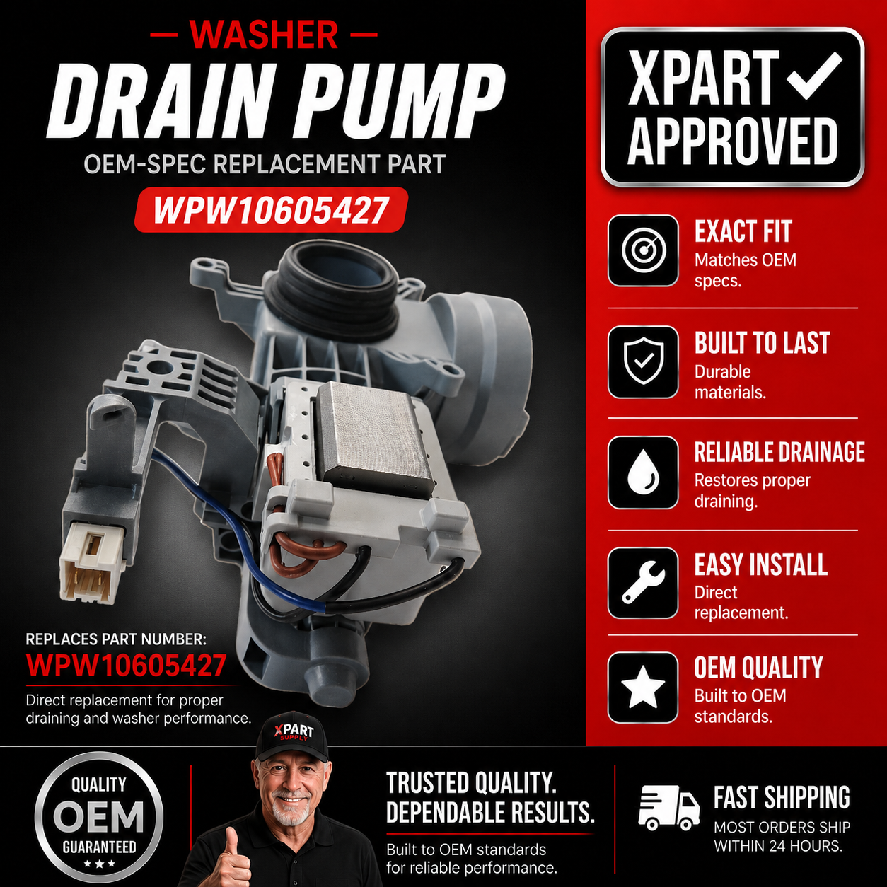 Whirlpool Washer Drain Pump WPW10605427 – OEM & Premium XPart Options Available