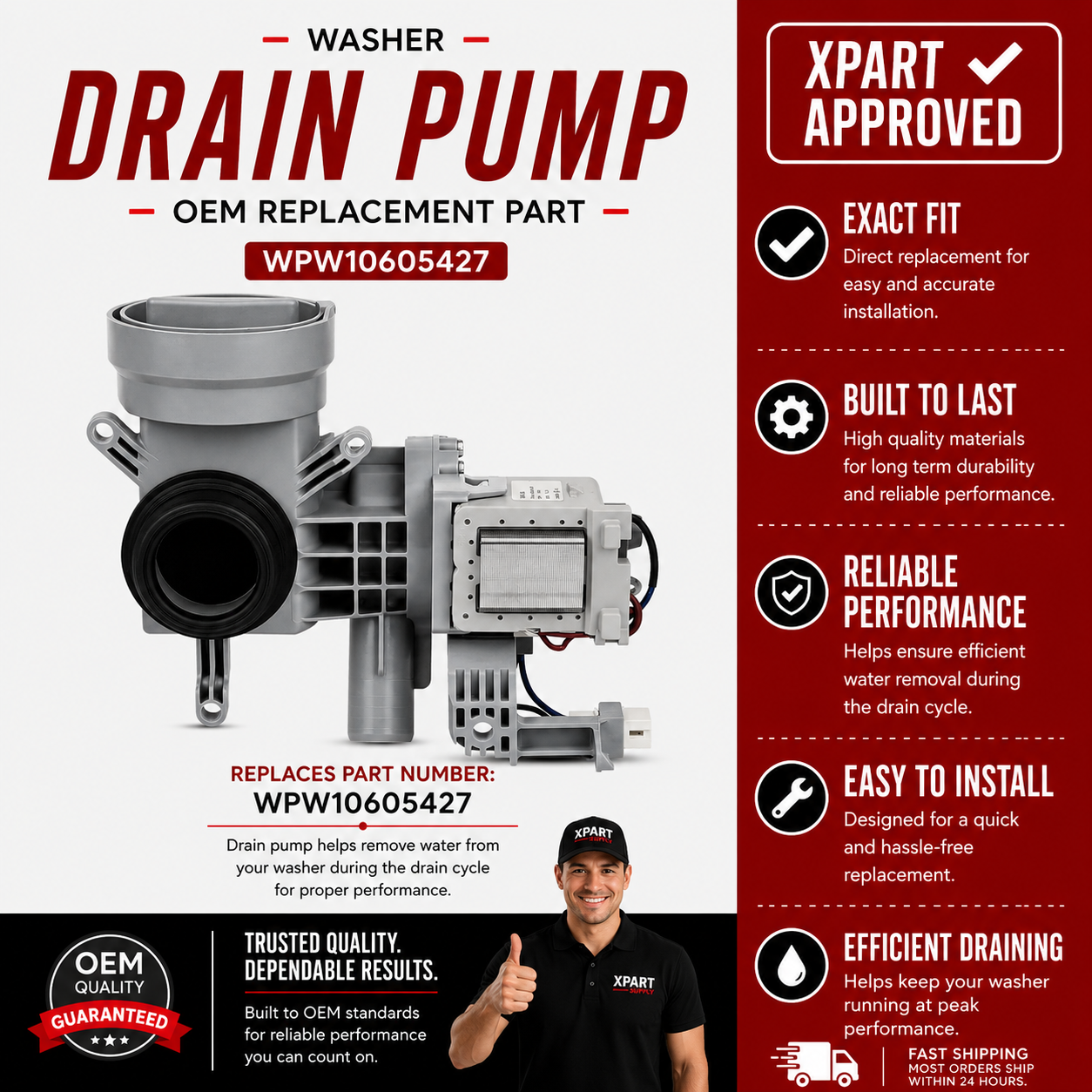 Whirlpool Washer Drain Pump WPW10605427 – OEM & Premium XPart Options Available