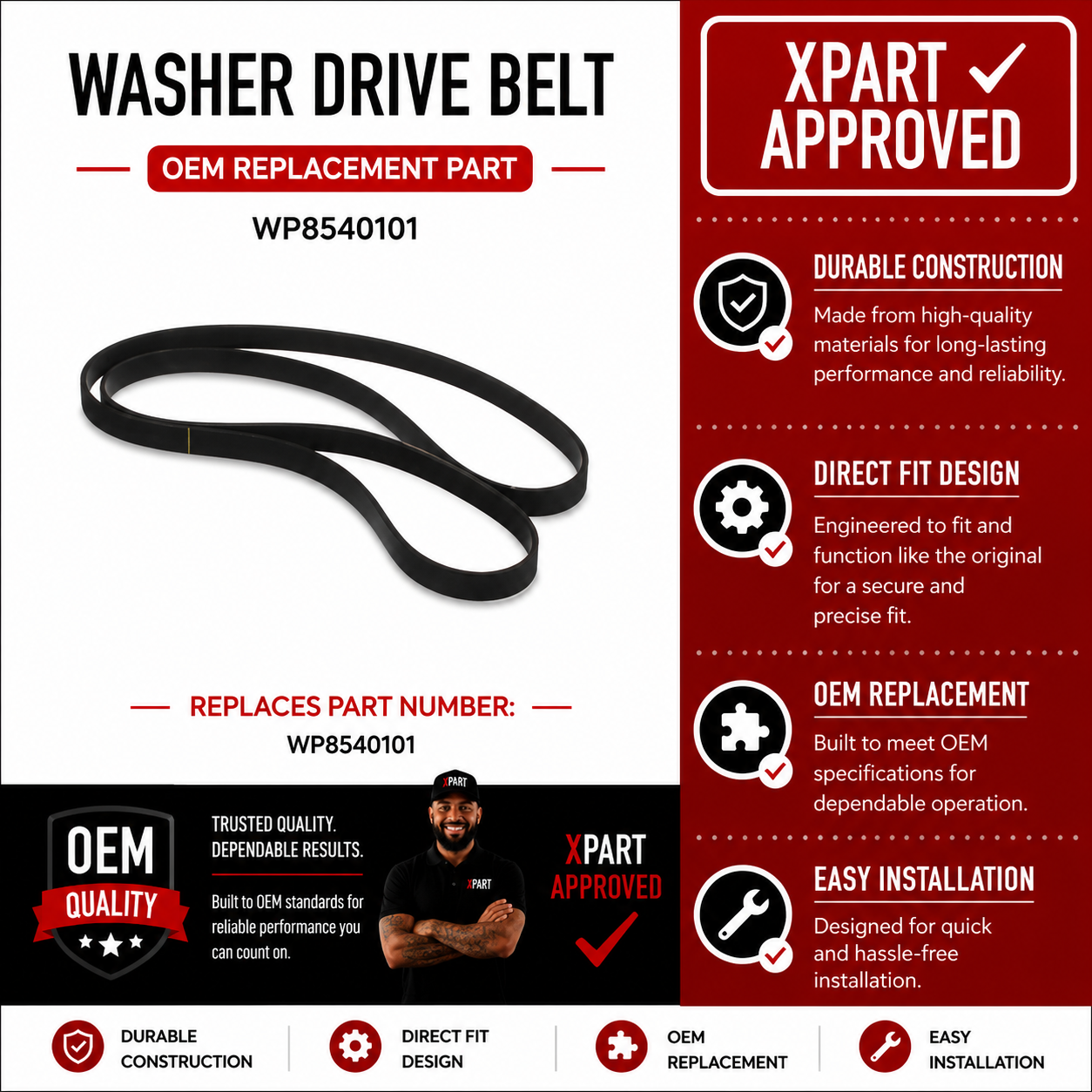 Whirlpool Washer Drive Belt WP8540101 — Restore Drum Spin & Stop Noisy Cycles