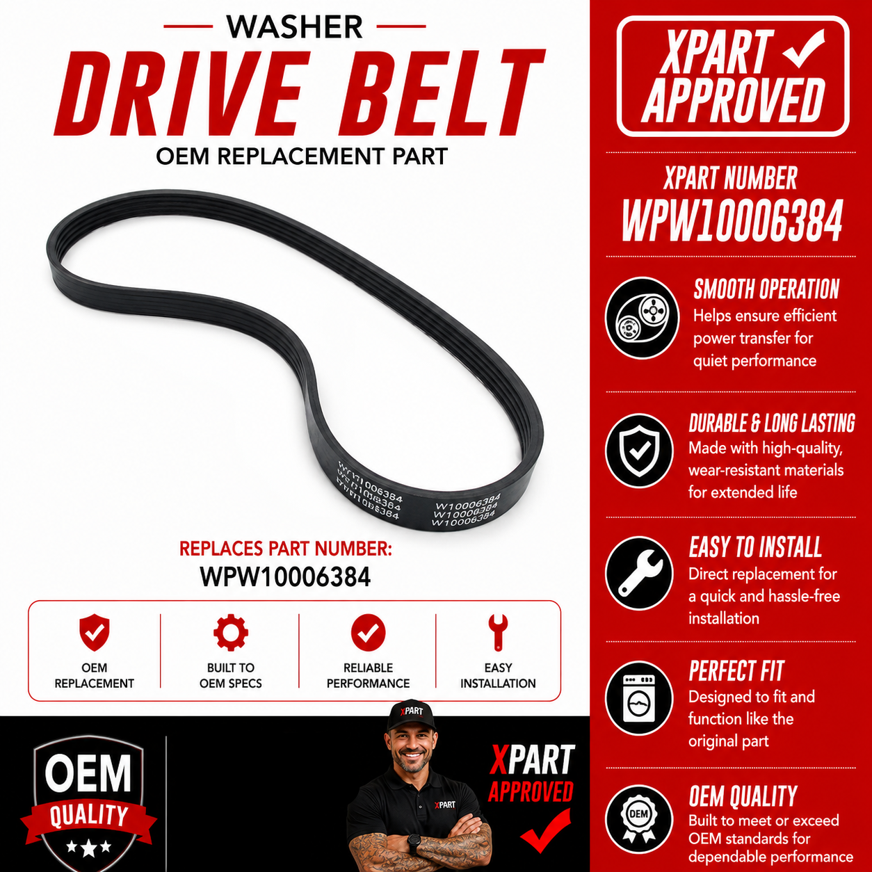 Whirlpool Washer Drive Belt WPW10006384 – OEM & Premium XPart Options Available (Replaces W10006384)