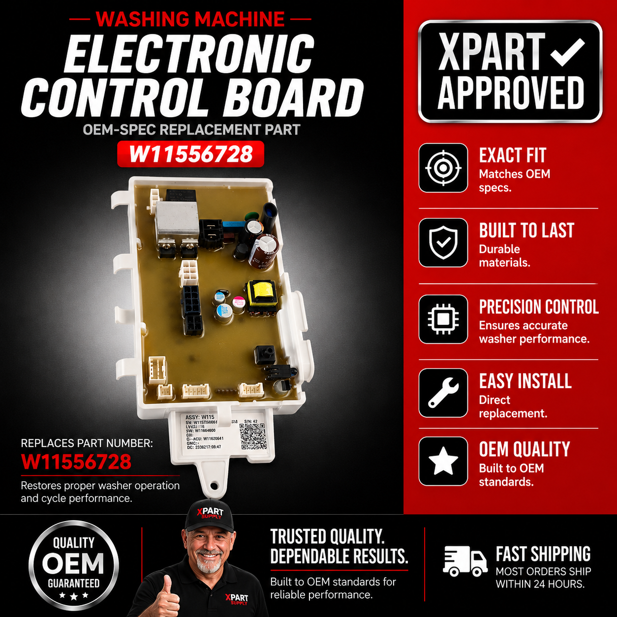 Whirlpool Washer Electronic Control Board W11556728 — Fixes No Start, Error Codes & Cycle Failure