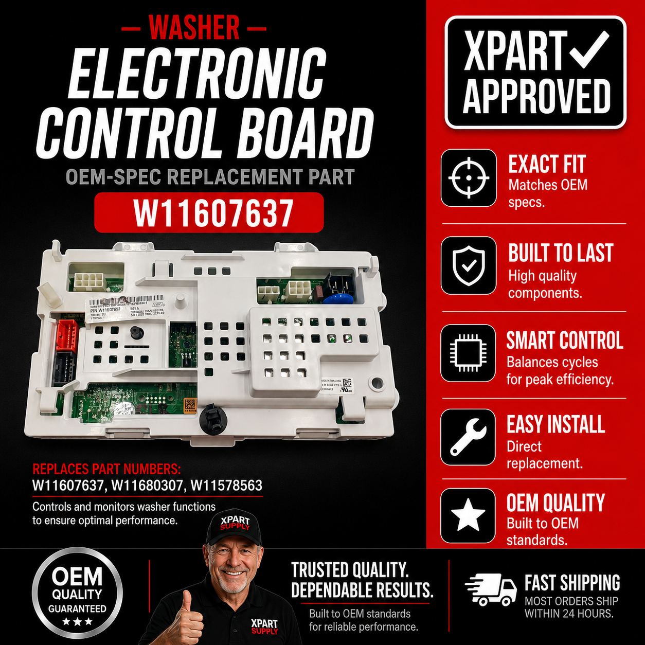 Whirlpool Washer Control Board W11607637 — Washer Won't Start or Shows Error Codes