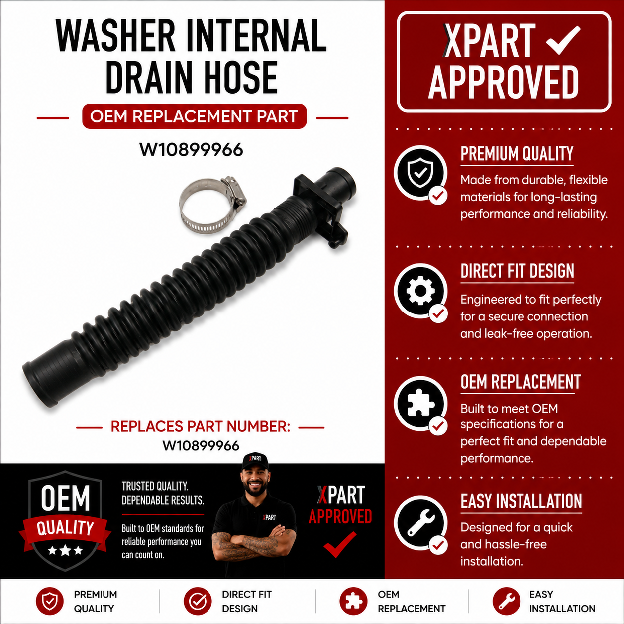 Whirlpool Washer Internal Drain Hose W10899966 — Stop Leaks & Restore Drainage