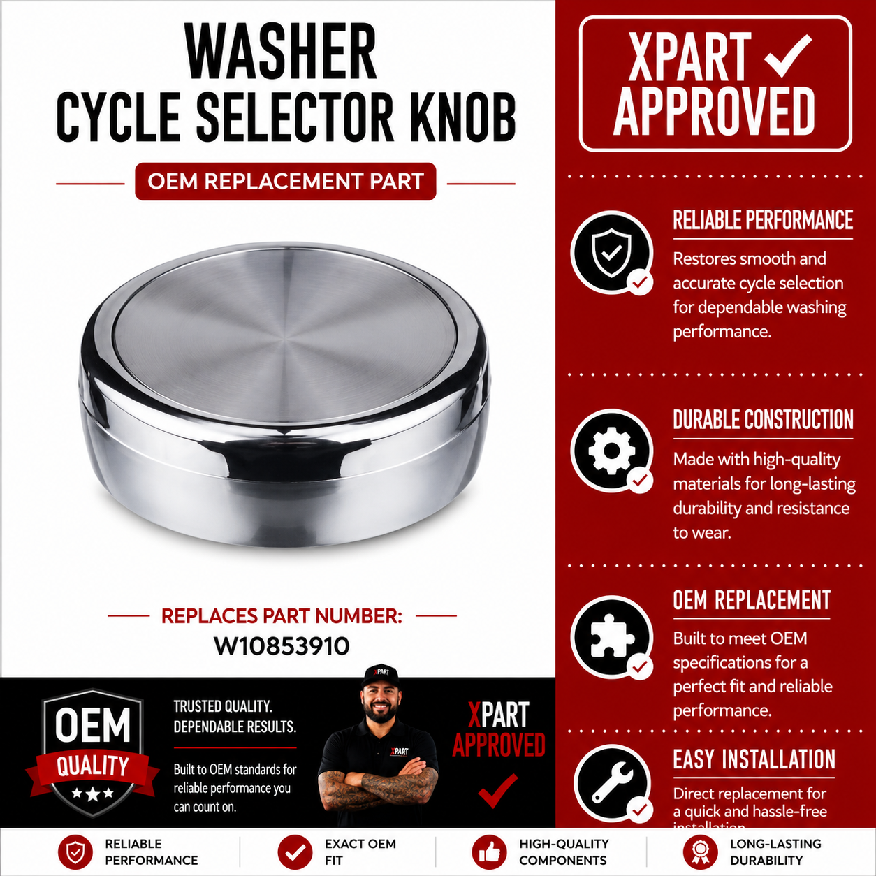 Whirlpool Washer Knob W10853910 — Restore Cycle Selector Control