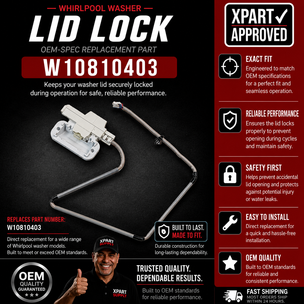 Whirlpool Washer Lid Lock Assembly W10810403 (Replaces W10648012, W10787878) – Premium XPart Available