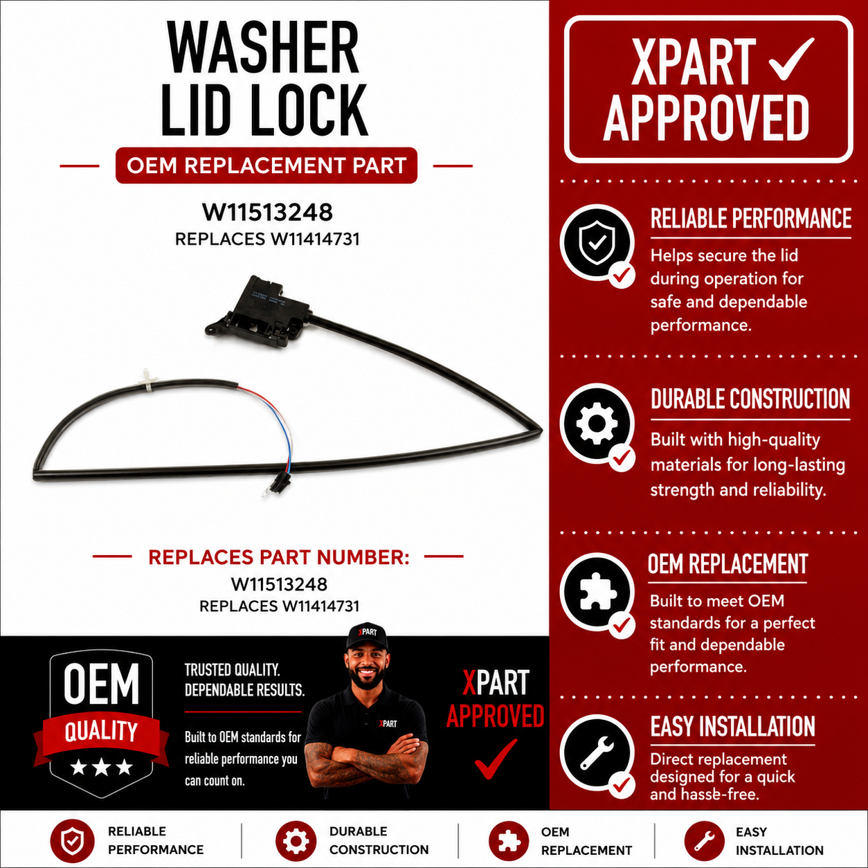 Whirlpool Washer Lid Lock Assembly W11513248 — Fix F5E1 / F5E2 Errors & Restore Lid Lock Function