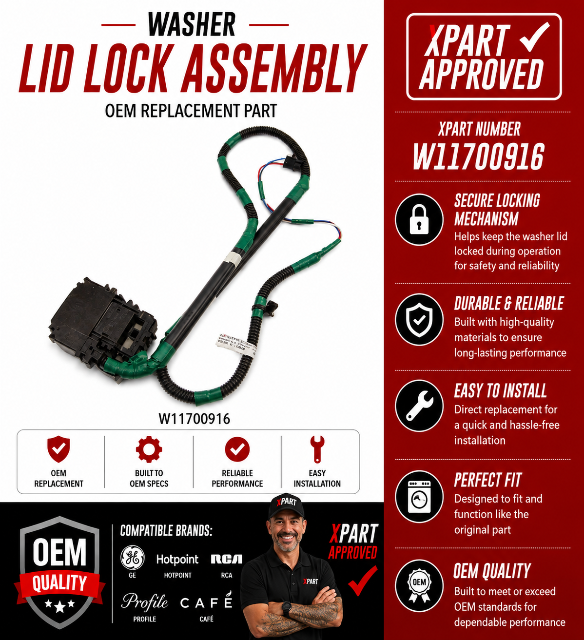 Whirlpool Washer Lid Lock Assembly W11700916 – Genuine OEM (Replaces W11032875, W11394572, W11543566)