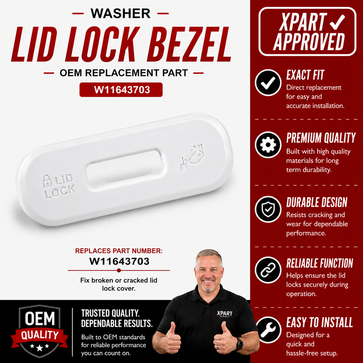 Whirlpool Washer Lid Lock Bezel W11643703 — Fix Broken or Cracked Lid Lock Cover
