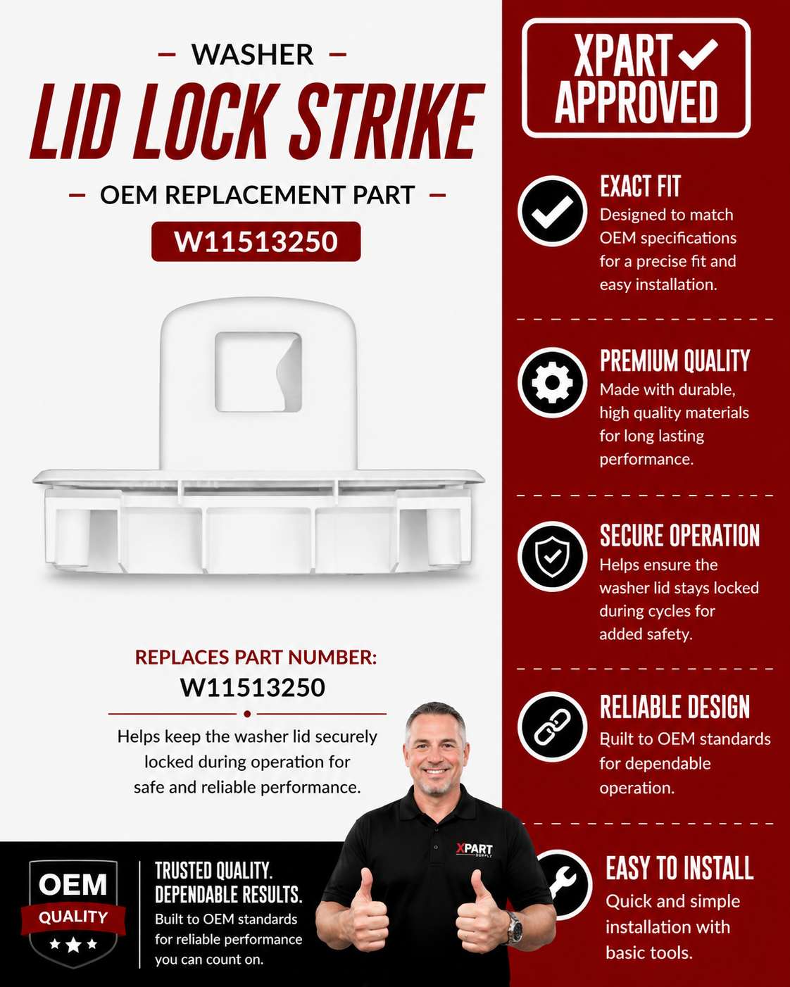 Whirlpool Washer Lid Lock Strike W11513250 — Fix Lid Lock Not Engaging