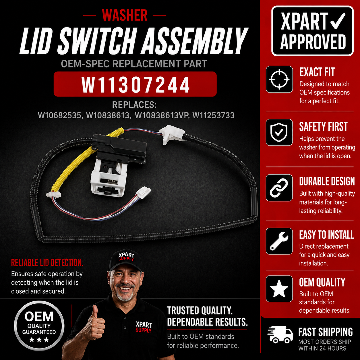 Whirlpool Washer Lid Switch Assembly W11307244 – Fixes Won't Start, Lid Won't Lock & Error Codes (Replaces W10682535, W10838613)