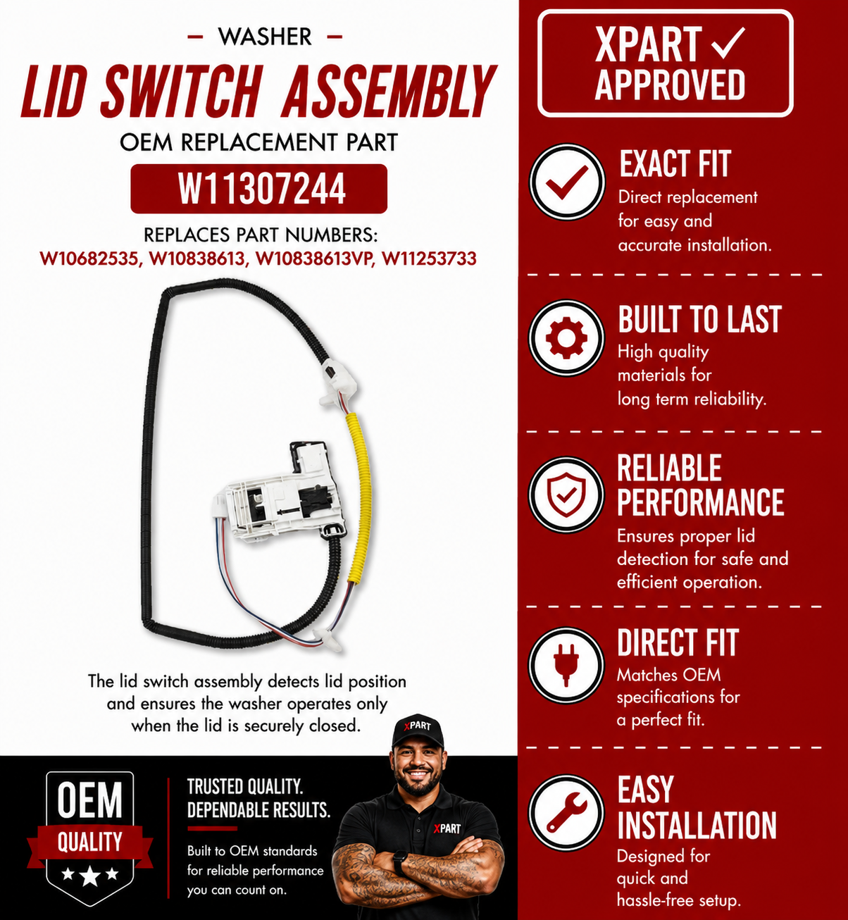 Whirlpool Washer Lid Switch Assembly W11307244 – Fixes Won't Start, Lid Won't Lock & Error Codes (Replaces W10682535, W10838613)