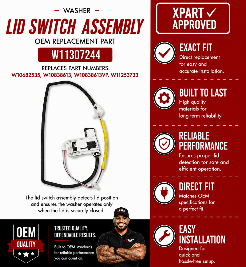 Whirlpool Washer Lid Switch Assembly W11307244 – Fixes Won't Start, Lid Won't Lock & Error Codes (Replaces W10682535, W10838613)