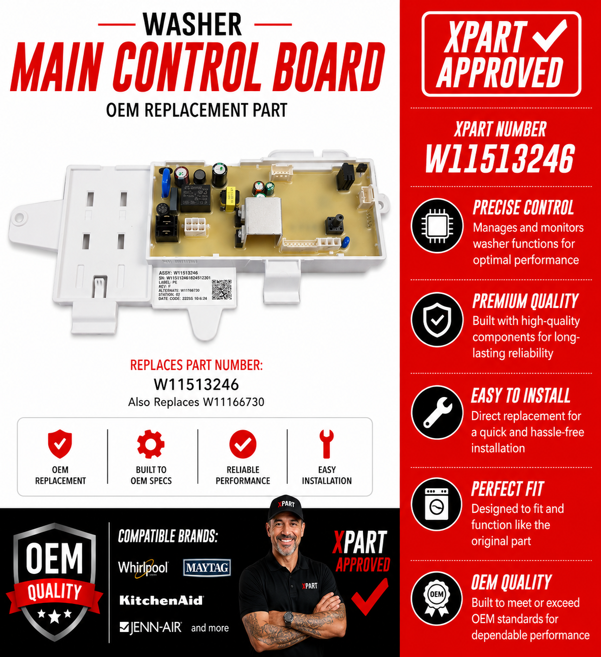 Washer main control board with Xpart approval details on a red and white background