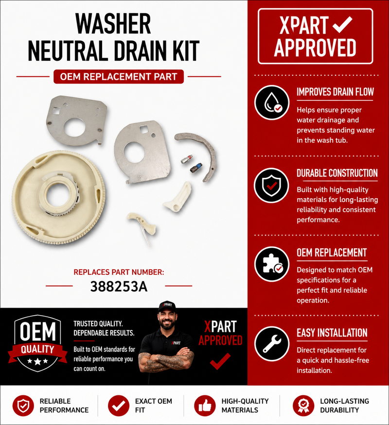 Whirlpool Washer Neutral Drain Kit 388253A — Stop Basket Spin During Drain Cycle