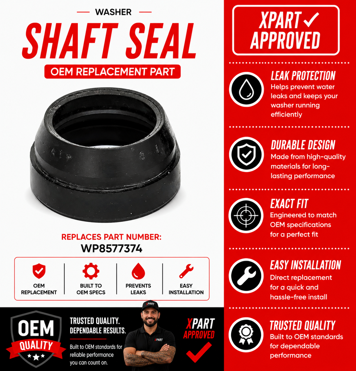 Whirlpool Washer Shaft Seal WP8577374 — Fixes Drum Bearing Leak & Water Under Washer