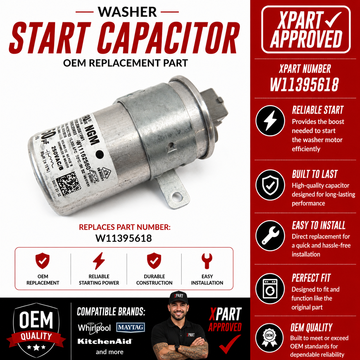 Whirlpool Washer Start Capacitor W11395618 – OEM Replacement (Replaces W10804665, W10625044, W10625046)