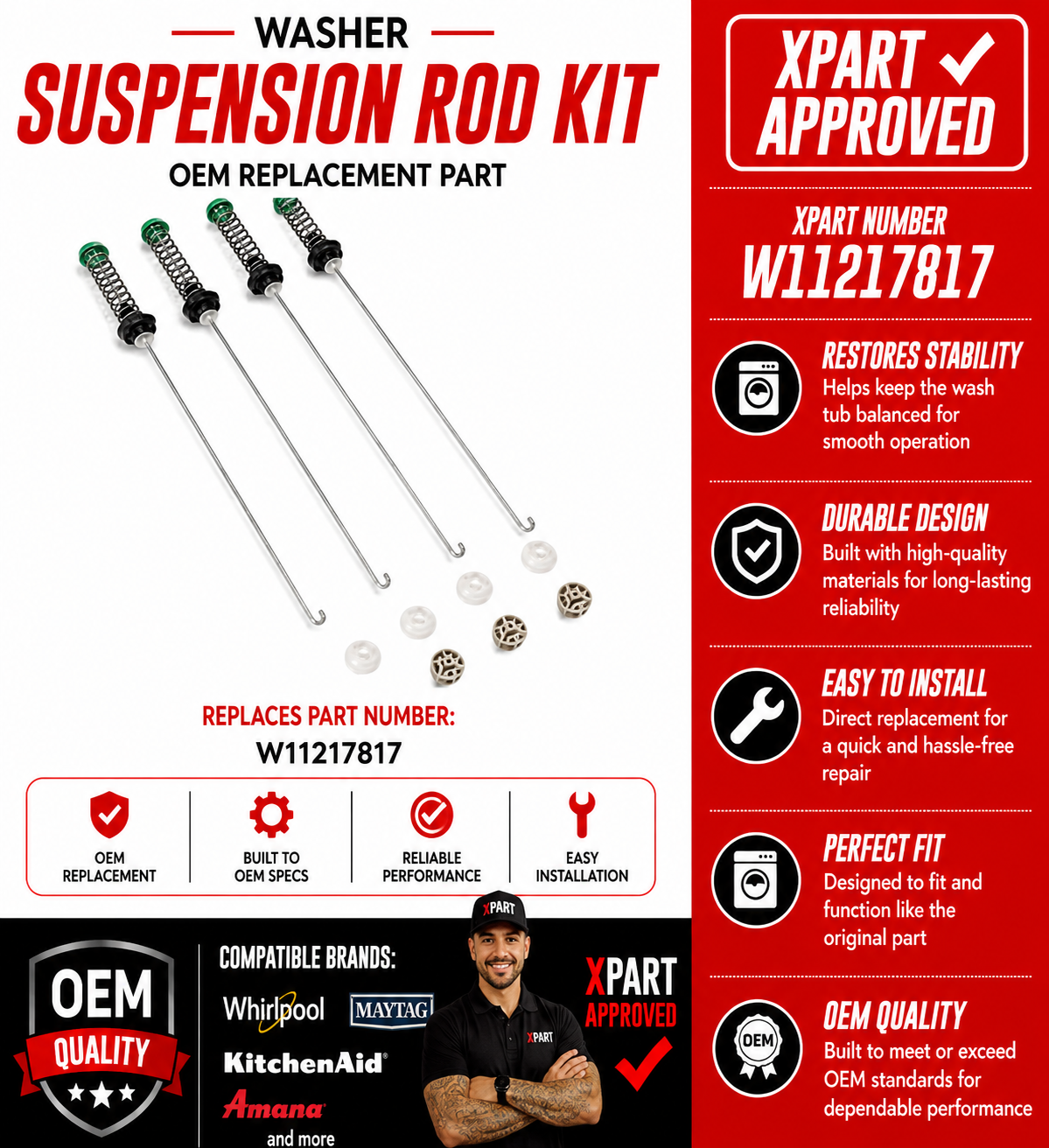 Whirlpool Washer Suspension Rod Kit W11217817 (Replaces W11159470, W11226768)