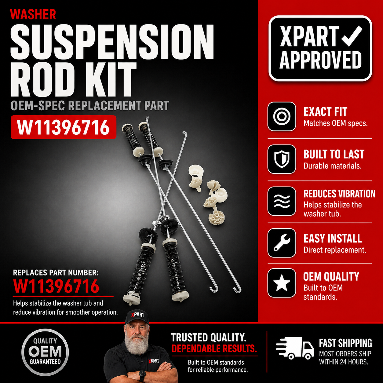 Whirlpool Washer Suspension Rod Kit W11396716 — Fix Shaking, Banging & Vibration During Spin