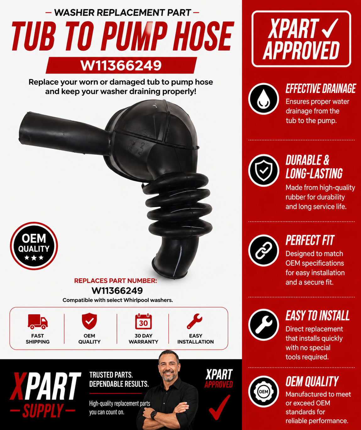 Whirlpool Washer Tub-To-Pump Hose W11366249 (Replaces 8540012, W10609566, WP8540012)