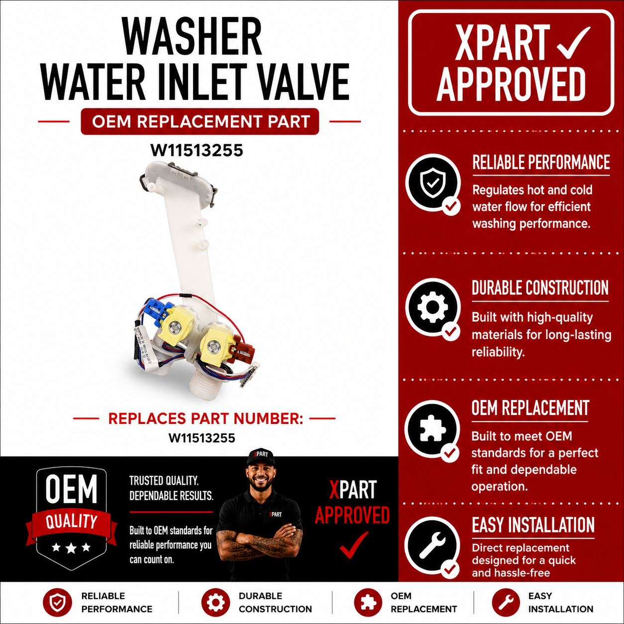 Whirlpool Washer Water Inlet Valve W11513255 – (Replaces W11385821)