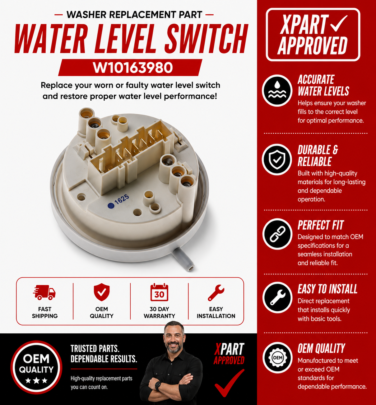Whirlpool Washer Water Level Pressure Switch W10163980 — Fix Overfilling, Underfilling or Washer Won't Start
