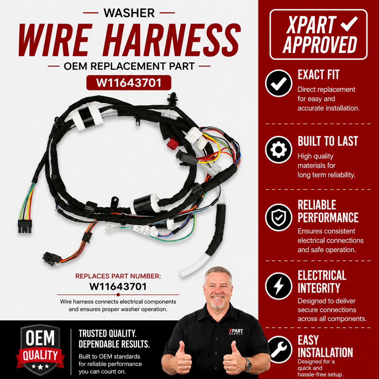 Whirlpool Washer Wire Harness W11643701 — Fix Intermittent Power Loss & Error Codes