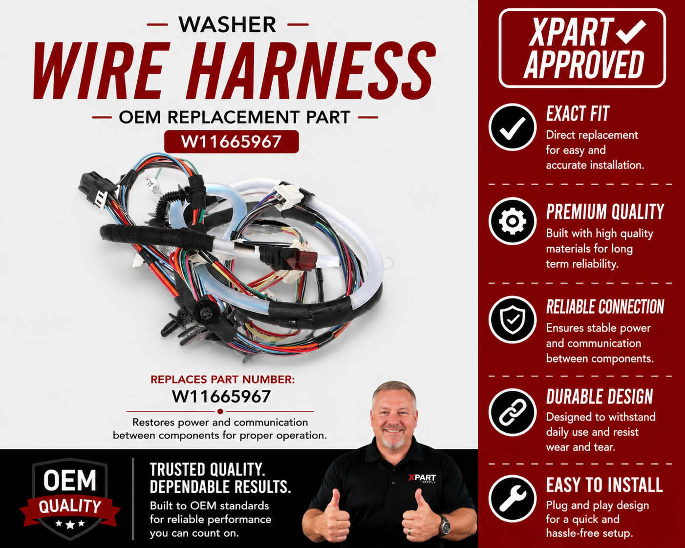 Whirlpool Washer Wire Harness W11665967 — Fix Intermittent Faults, Error Codes & No-Start
