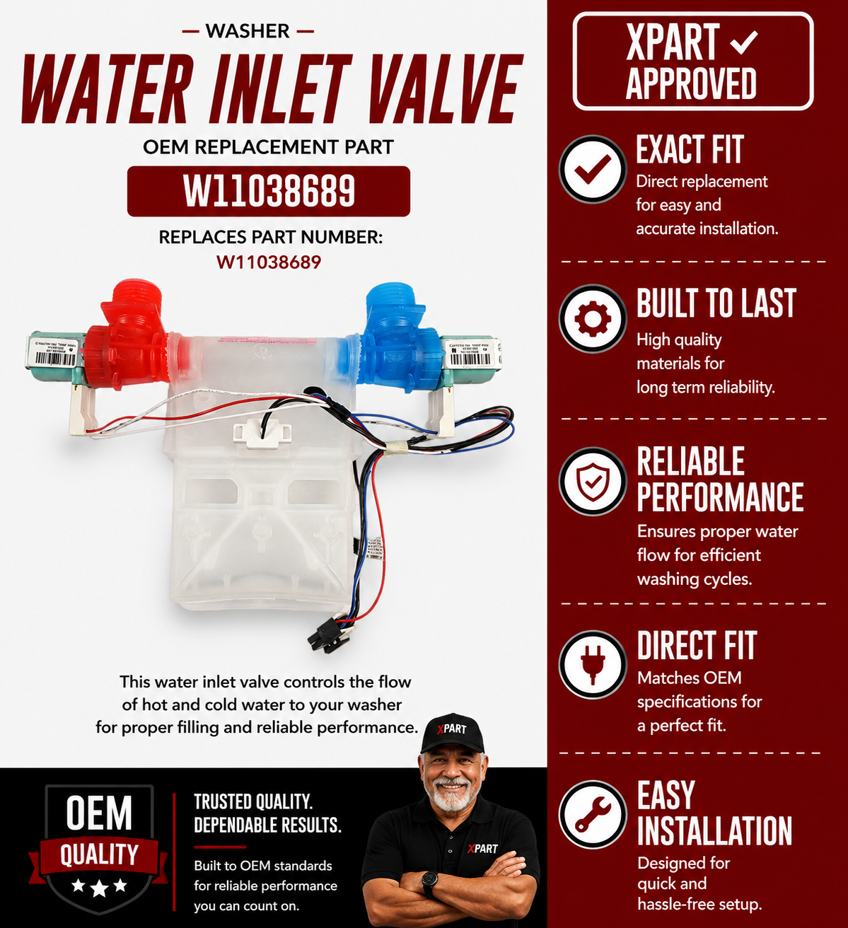 Whirlpool Water Inlet Valve W11038689 — Fixes Washer Not Filling