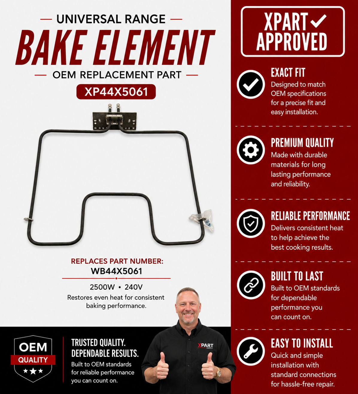 XPart Universal Range Bake Element XP44X5061 — Fix No-Bake & Uneven Oven Heating