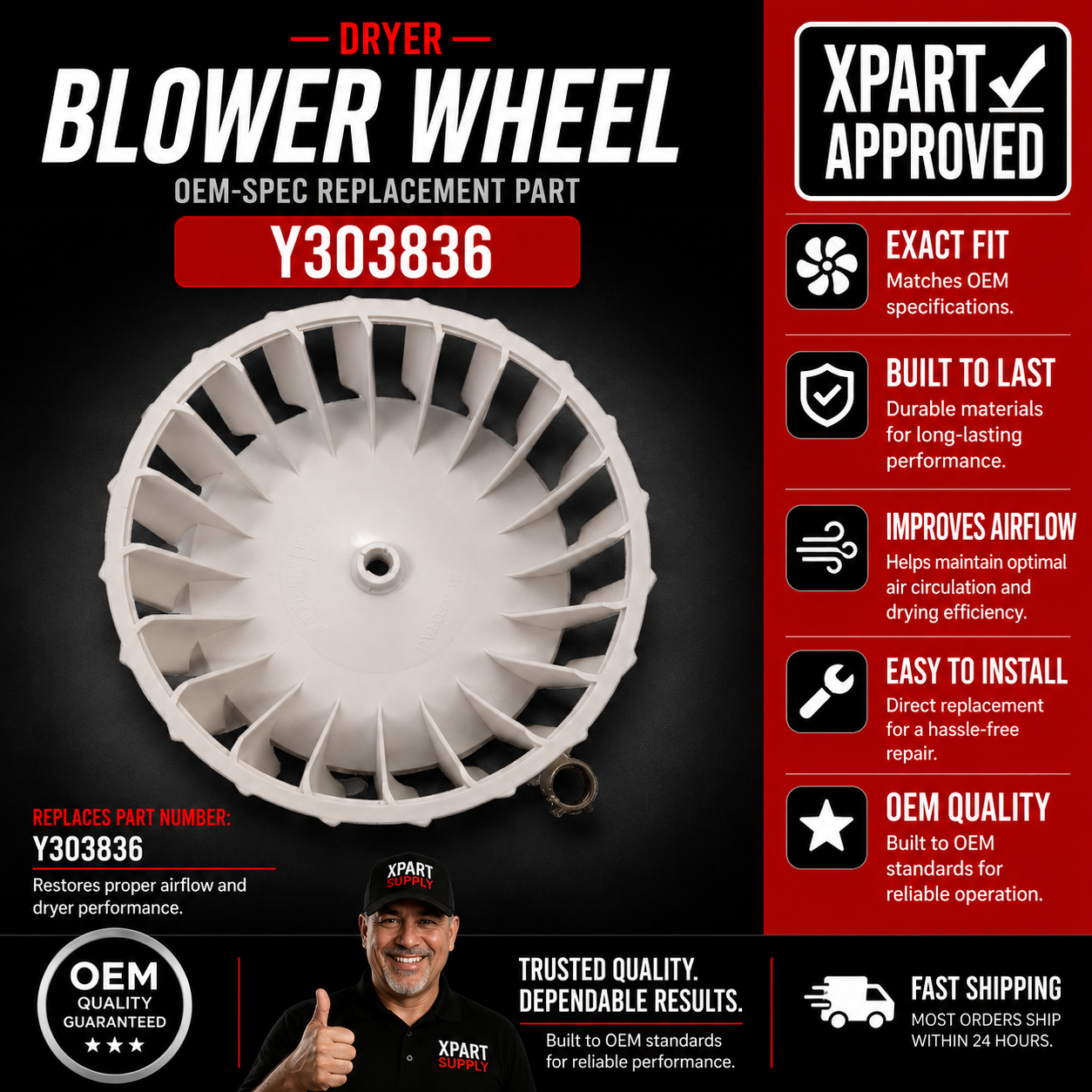 Y303836 Dryer Blower Wheel with Clip, 7-1/2"