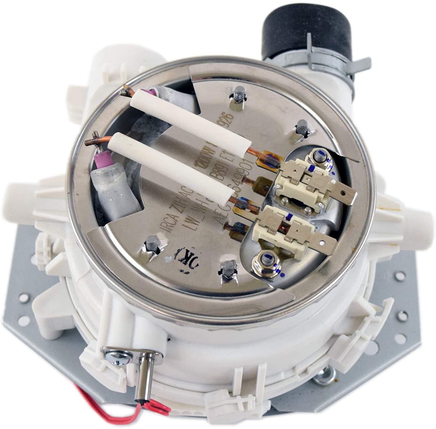ABT72989206 dishwasher pump assembly replacement unit with white plastic housing metal cover and electrical terminals