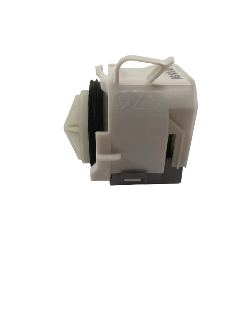 XPart Supply 00631200 dishwasher drain pump replacement white plastic drain pump unit on black background