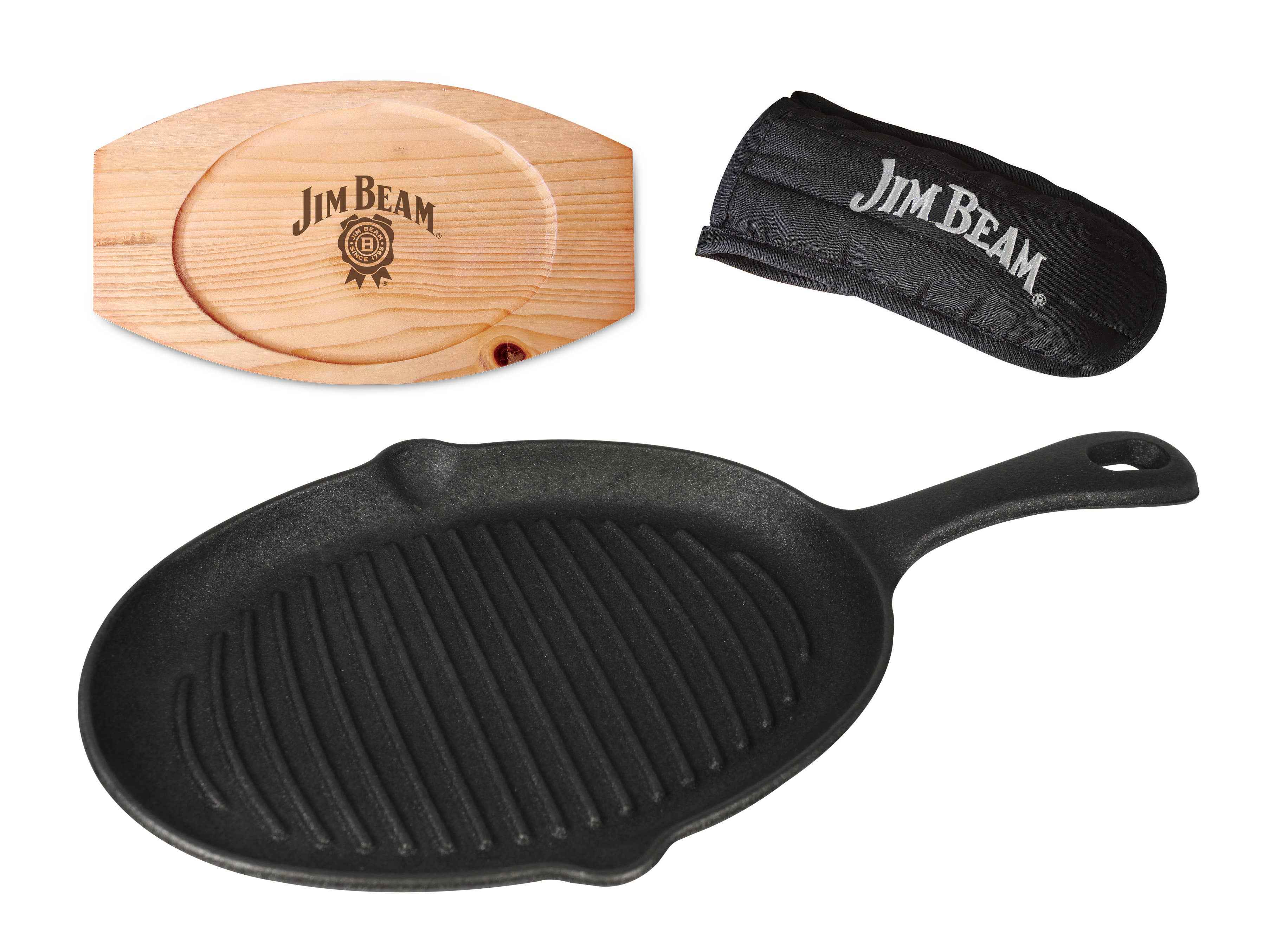 JimBeam Cast Iron Skillet with Handle Mitt and Wood trivet