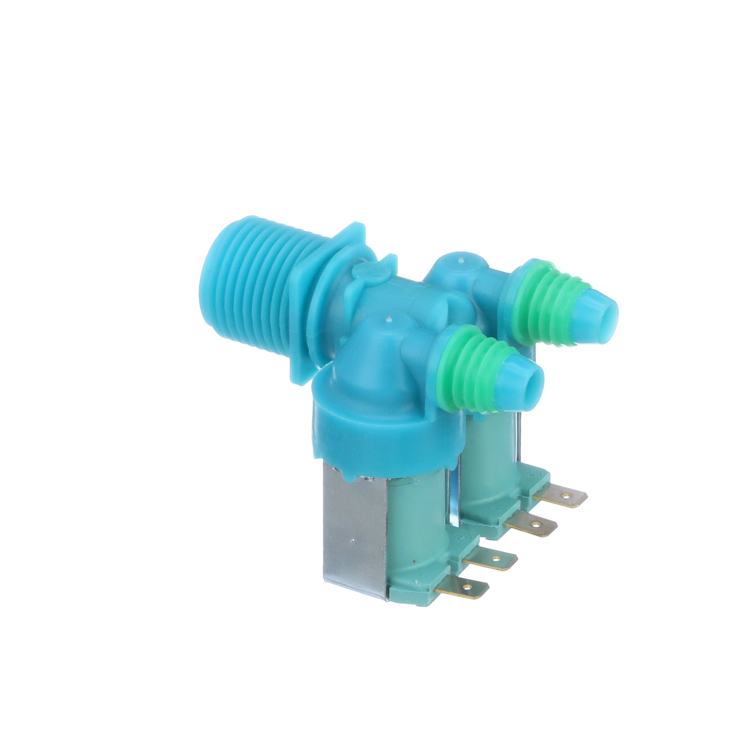 Samsung DC62-00311F valve for washing machine replacement part in blue and green plastic with metal connectors