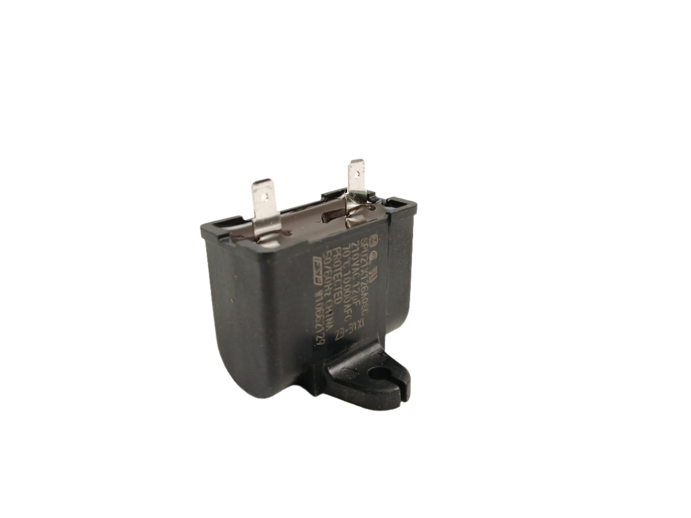 WPW10662129 refrigerator run capacitor by XPart Supply black dual terminal plastic housing with mounting tab