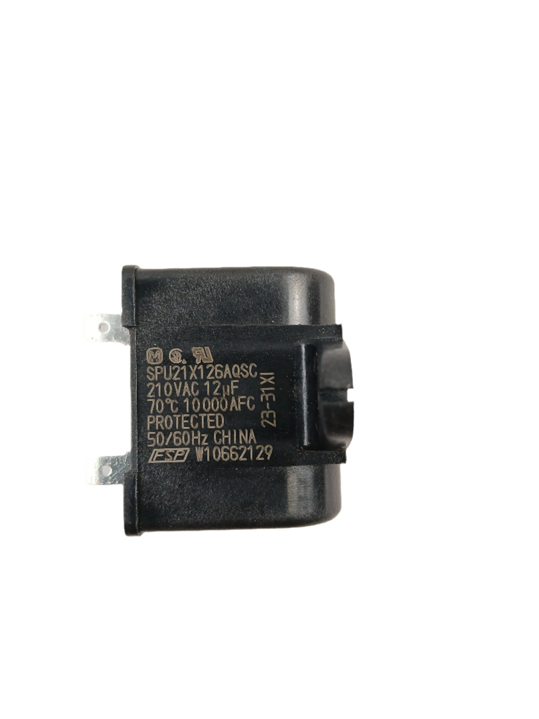 WPW10662129 refrigerator run capacitor black replacement unit with two metal terminals and printed voltage specs