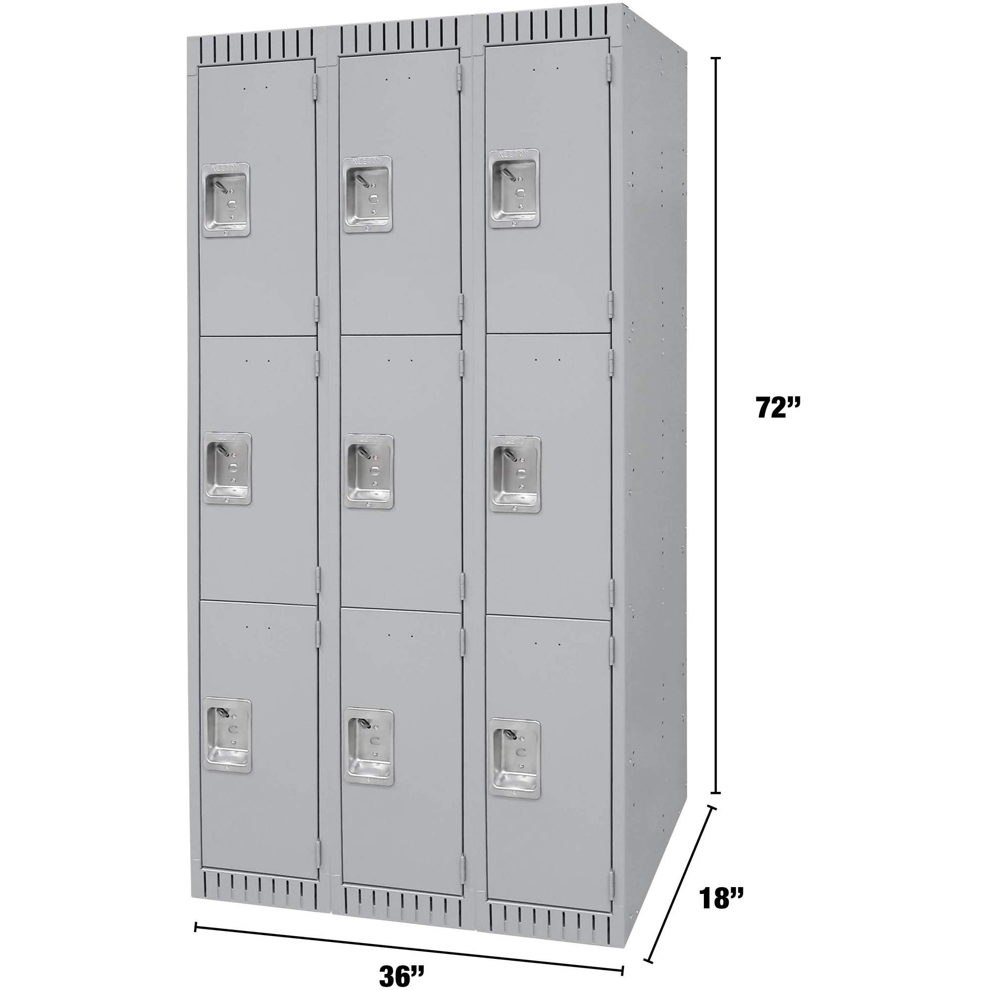 Lockers, 3 -tier, Bank of 3, 36" x 18" x 72", Steel, Grey, Knocked Down