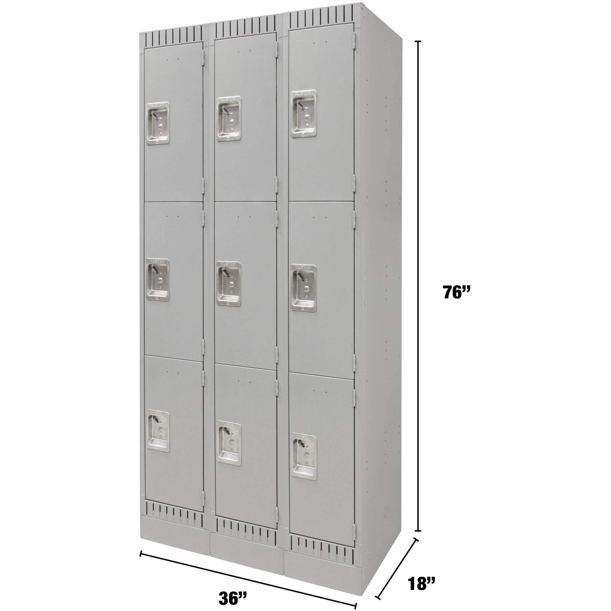 Lockers, 3 -tier, Bank of 3, 36" x 18" x 76", Steel, Grey, Knocked Down