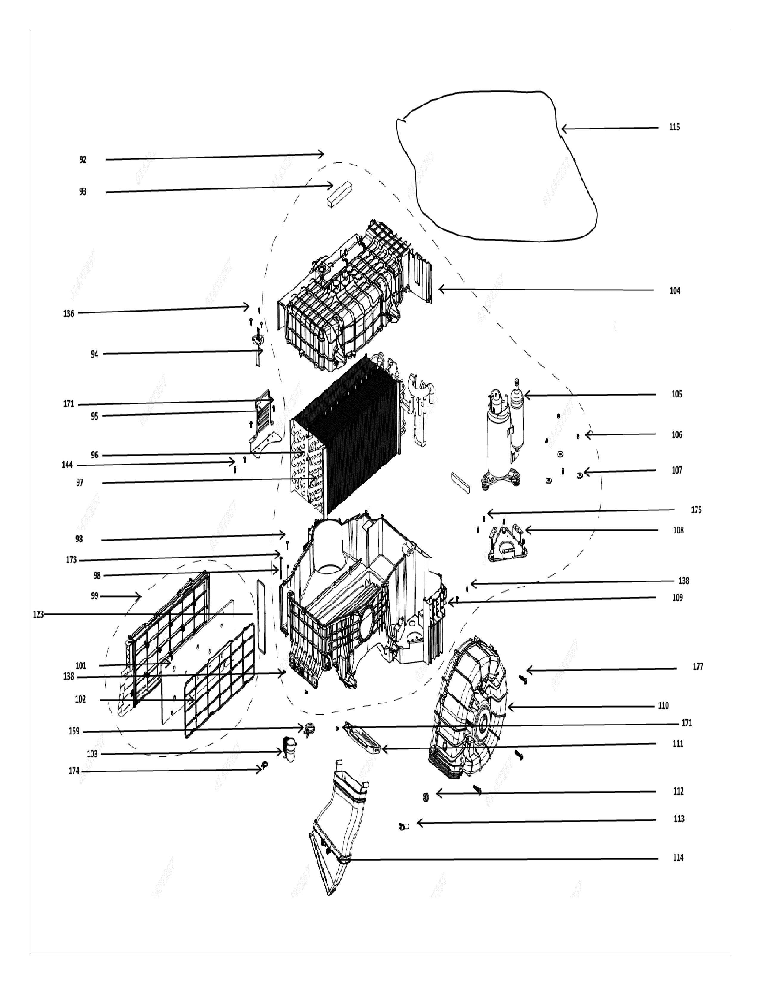 Diagram showing heat pump module support assembly for washer dryer with labeled parts and components WG01F08108 