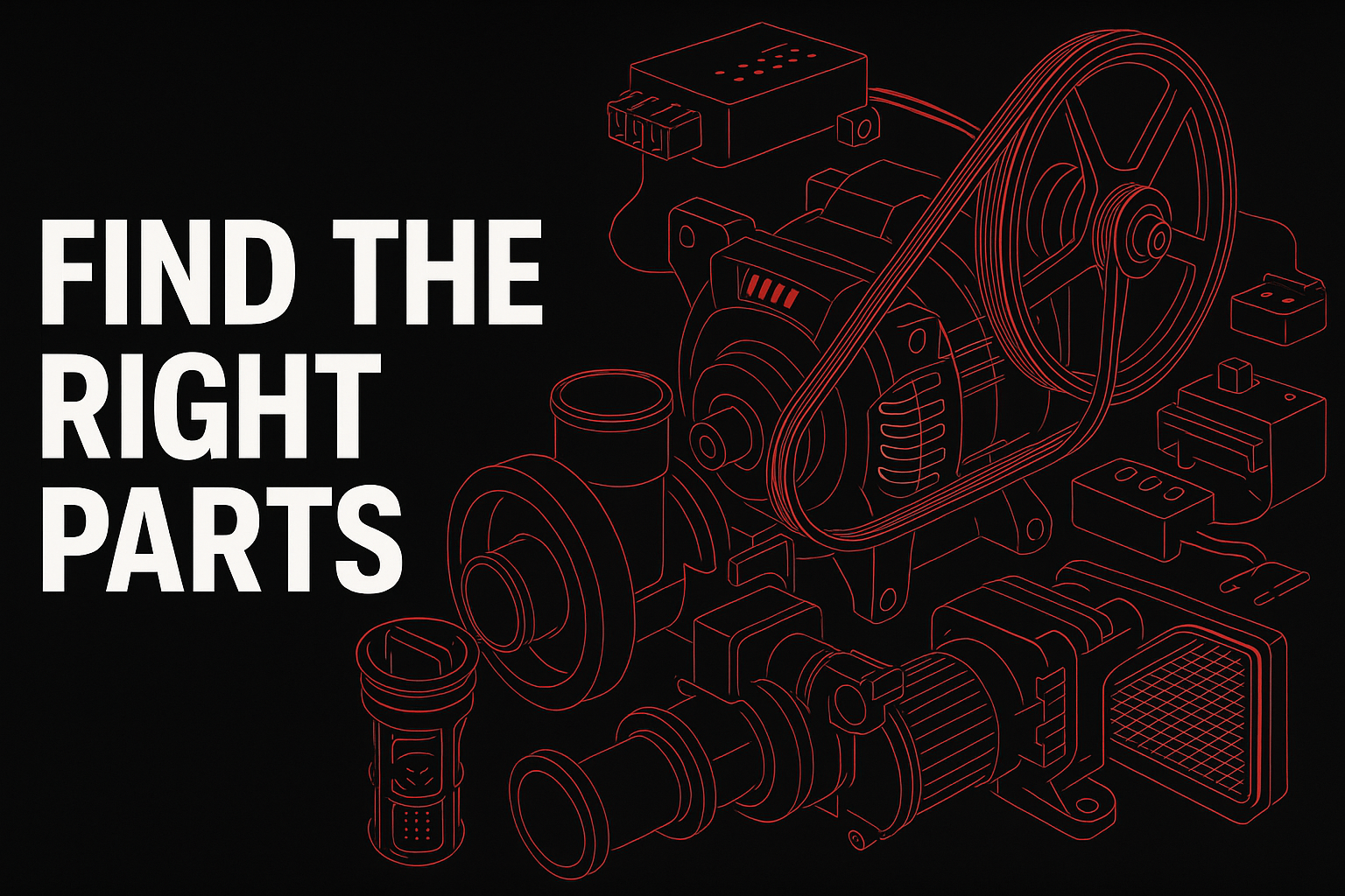 Hero image with "FIND THE RIGHT PARTS" text and appliance parts diagram in black and red